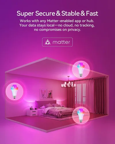 Vista 9 de Matter - Bombillas inteligentes, bombilla que cambia de color, requiere concentrador, A19 60W, WiFi de 2.4 GHz, compatible con Alexa Google