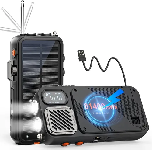 Vista 10 de Radio de emergencia y banco de energía solar de 22000 mAh, radio meteorológica FM NOAA, radio portátil con manivela Bluetooth, cargador de teléfono