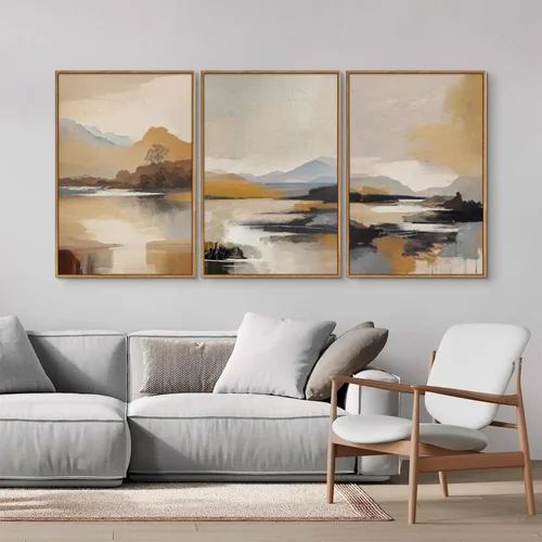 Vista 3 de Tinonedraw Arte de Pared en Lienzo Enmarcado de Paisaje de Montaña Beige, Decoración de Pared Moderna Abstracta de Mediados de Siglo, Arte de Lago