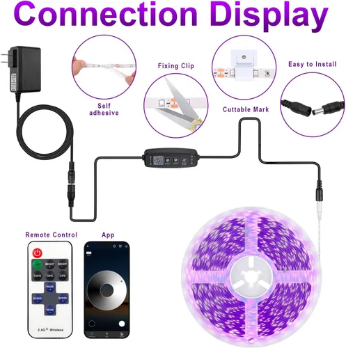 Vista 7 de Tira LED de luz negra de 41 pies, control de aplicación, fiesta brillante con control remoto, luz negra morada, luz UV para decoración de Halloween