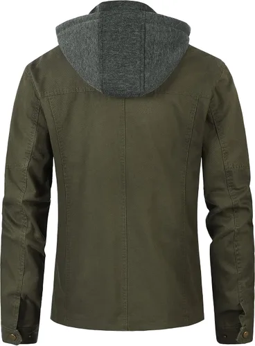 Vista 3 de Pursky Chaqueta de lona de algodón militar casual para hombre con capucha desmontable Verde militar