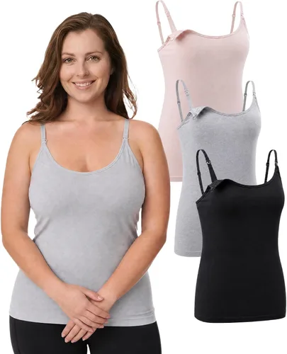 Vista 14 de Under Control Camisetas sin mangas para lactancia materna, camisetas de maternidad con brasier integrado, paquete de 3 Negro/Negro/Negro