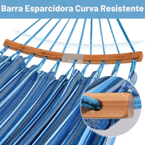 Vista 4 de SUNCREAT Hamacas Hamaca Doble con Barra Separadora Curva, Hamaca Portátil para Exteriores con Bolsa de Transporte y Correas para Árboles para Azul