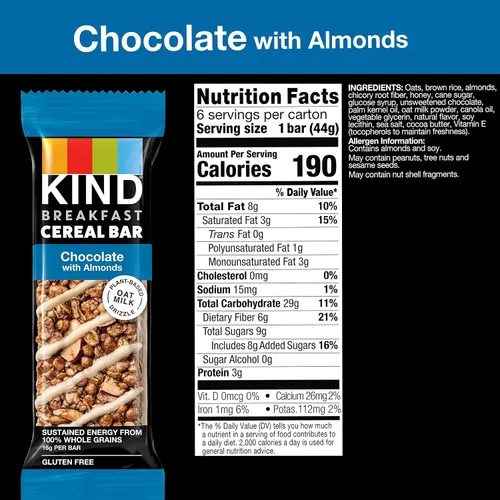 Vista 2 de KIND Barras de cereales para el desayuno, aperitivos sin gluten, chocolate con almendras, caja de 9.3 onzas (36 barras)