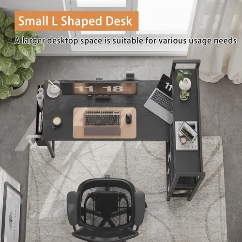 Vista 5 de Treesland 40 Inch Computer Desk with Bookshelf, Corner Desk with Storage, L Shaped Desk, Home Office Desks, Writing Study Desk for Bedroom, Black