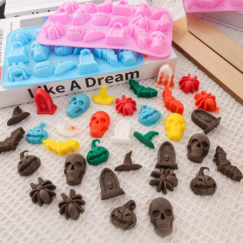 Vista 4 de Moldes de silicona para chocolate, 5 unidades, calabaza, murciélago, cráneo, fantasma, araña, moldes para hornear, cavidad grande, mediana y pequeña