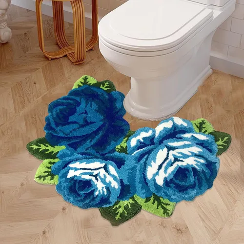 Vista 6 de Alfombrilla Abreeze con 4 rosas, alfombrillas con diseño de flores azul, hecha a mano, antideslizante (no se desliza), alfombrilla moderna, de puede