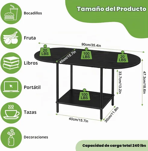 Vista 2 de ETELI Mesas de centro negras para sala de estar, pequeña mesa de centro ovalada de 2 niveles, mesas auxiliares de madera con estante