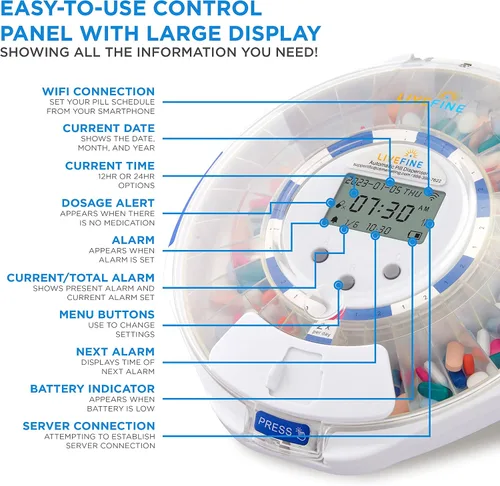 Vista 4 de Dispensador automático de pastillas Live Fine Smart WiFi con tapa transparente Organizador de medicación de 28 días hasta 9 dosis por día