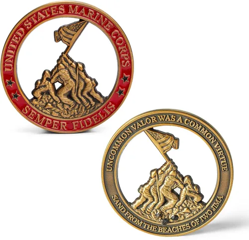Vista 4 de Moneda de desafío USMC del Cuerpo de Marines Iwo Jima con arenas reales de Iwo Jima - Regalos del Cuerpo de Marines Negocio propiedad