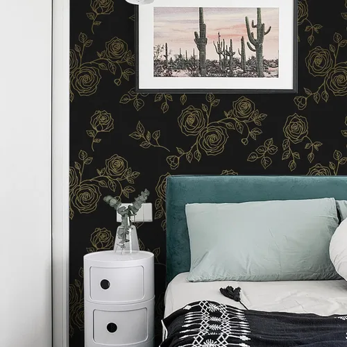 Vista 6 de Amiya Papel tapiz floral negro y dorado, línea de papel tapiz para despegar y pegar, estilo bohemio, retro, renovación de dormitorios, armarios