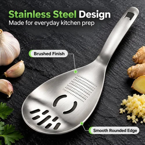 Vista 6 de 5-in-1 Stainless Steel Cooking Spoon, Multifunctional Home Kitchen Tool with Garlic and Ginger Grater, Egg Separator, Pasta Scoop, Soup Strainer and