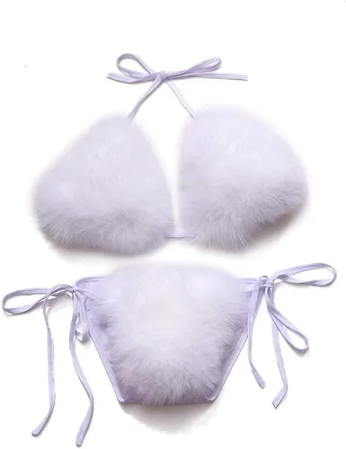 Vista 33 de ZOSCGJMY Conjunto de bikini de dos piezas de piel sintética para mujer Beige