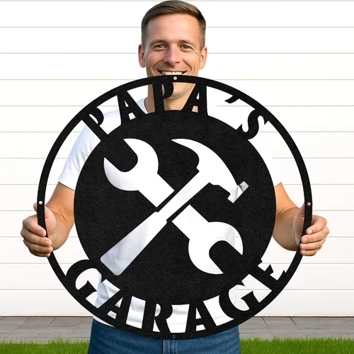 Vista 17 de Letrero de metal personalizado para garaje, arte de pared personalizado para hombres, decoración de taller mecánico con nombre, decoración