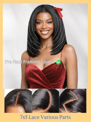 Vista 3 de Nadula Yaki - Peluca de cabello humano lacio estilo Bob con cordón y capas de enmarcar la cara, densidad del 180%, sin pegamento, 7x5 Bye Bye Knots