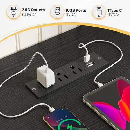 Vista 6 de EnHomee - Escritorio para juegos de 40 pulgadas con luces LED y tomas de Negro