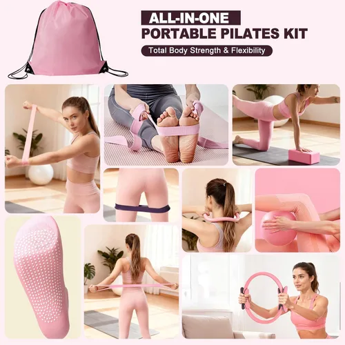 Vista 2 de Pilates Kit with Yoga Block, Home Workout Set for Women Rosa