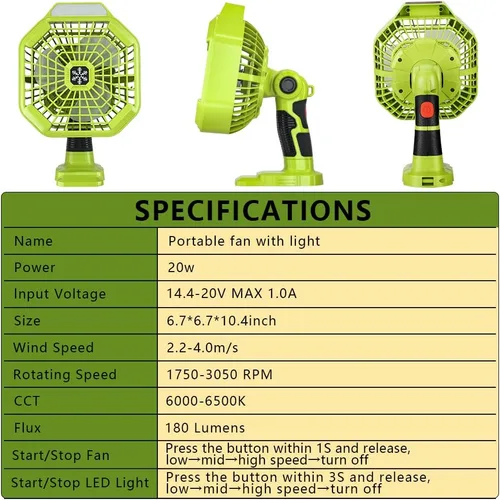 Vista 7 de YEX-BUR Ventilador portátil para batería Ryobi 18v One+ (solo herramienta)