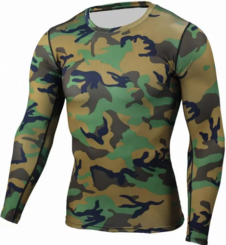 Vista 2 de Haitryli Camiseta deportiva de entrenamiento para hombre, de secado rápido, de camuflaje, manga larga, camiseta de protección para fitness y natación