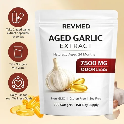 Vista 4 de WNW Revmed Extracto de ajo añejo, equivalente a 7500 mg, envejecido naturalmente a 24 meses, cápsulas blandas inodoras, sin OMG, sin gluten ni soja