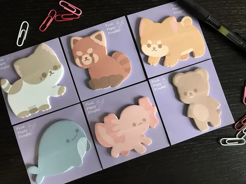 Vista 2 de Kawaii Sticky Notes - Paquete de 6 blocs de notas autoadhesivas con forma de animal lindo para el hogar, la oficina y los regalos