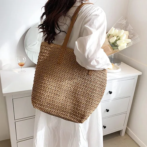 Vista 2 de Bolsa de playa para mujer, bolsa de paja tejida de verano, bolsa de paja para mujer, bolso de mano de paja para mujer, bolso de mano de vocación