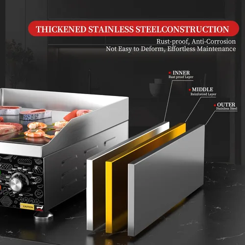 Vista 7 de Plancha eléctrica comercial de 14 pulgadas, plancha eléctrica de encimera plana, parrilla eléctrica superior plana de 110 V 1800 W, parrilla