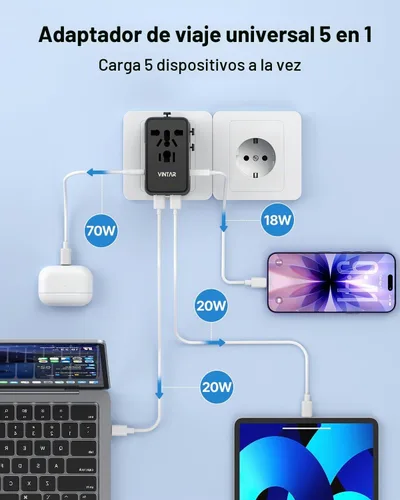 Vista 5 de VINTAR Adaptador de viaje universal de 70W GaN, adaptador de corriente 70W negro