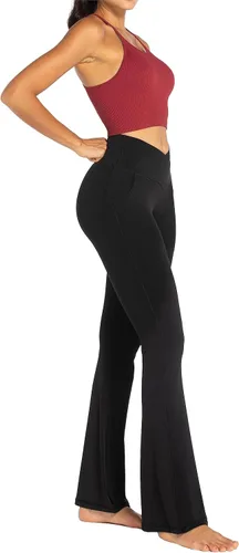 Vista 5 de Sunzel Leggings acampanados para mujer con bolsillos, pantalones de yoga cruzados con control de abdomen, cintura alta y pierna ancha
