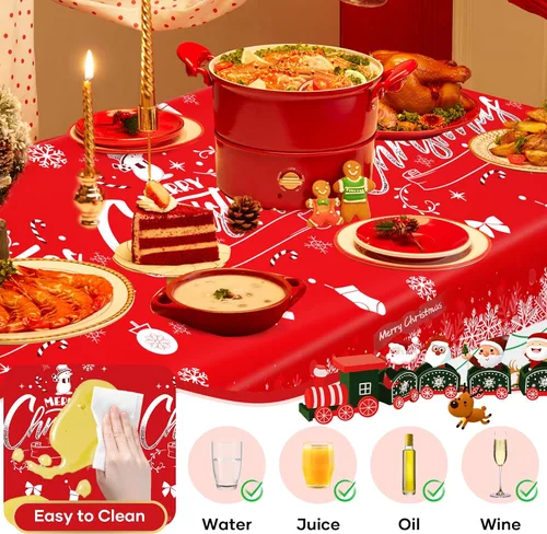 Vista 4 de Paquete de 3 manteles navideños desechables de plástico, manteles de mesa navideños rectangulares rojos para fiestas, con estampado de árbol