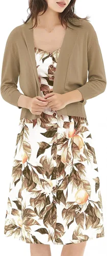 Vista 4 de QUALFORT Suéter de manga 34 para mujer, cárdigan recortado, elegante, ligero, con frente abierto, bolero