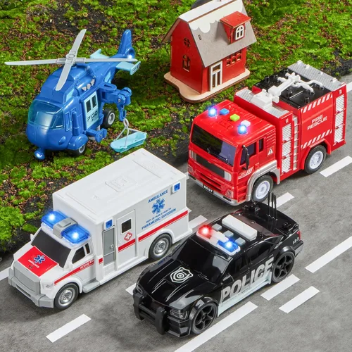 Vista 2 de JOYIN 4 paquetes de juguetes de vehículos de emergencia, vehículos accionados por fricción con luz y sonido, incluyendo camión de bomberos