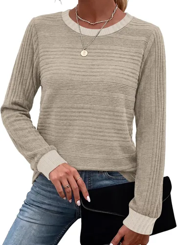 Vista 2 de WIHOLL Camisetas de manga larga para mujer, trajes de otoño, camisas de Caqui