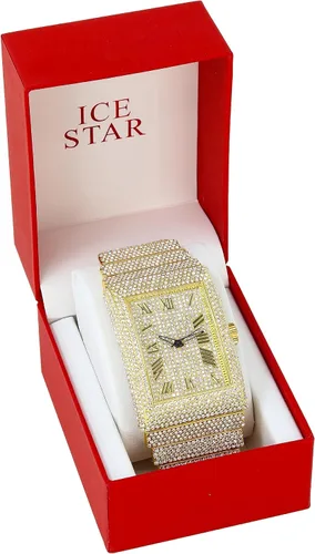 Vista 6 de Reloj rectangular con diamantes para hombre, cristales brillantes, esfera romana brillante, bisel helado, correa totalmente helada