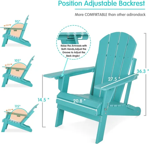 Vista 3 de Lepdep Silla plegable Adirondack moderna ajustable de plástico para exteriores, resistente a la intemperie, 3 posiciones con soporte para tazas