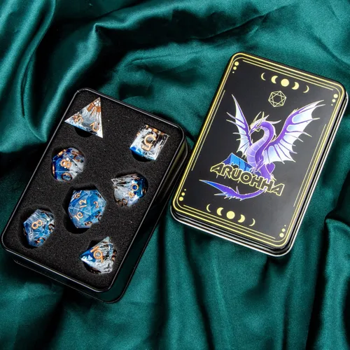 Vista 6 de ARUOHHA - Juego de dados azules de resina DND de 7 piezas, juego de dados translúcidos hechos a mano para RPG, juego de dados poliédricos de borde