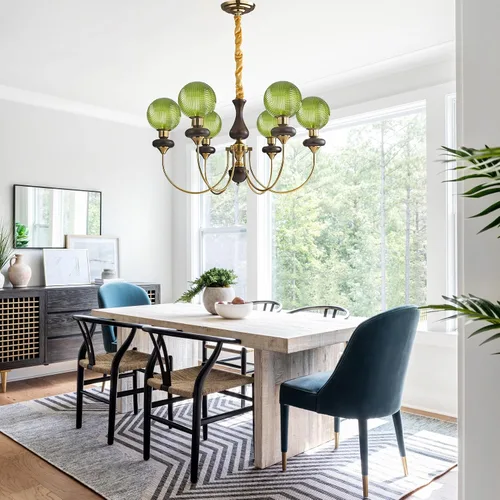 Vista 2 de Candelabro de globo de cristal verde con 6 luces, lámpara colgante moderna de mediados de siglo, lámpara colgante Art Deco para comedor, cocina