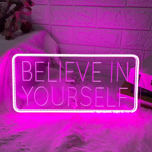 Vista 2 de Letrero de neón con texto en inglés "Believe in Yourself", para decoración de pared de habitación, tallado en 3D, luz LED, luz rosa, funciona
