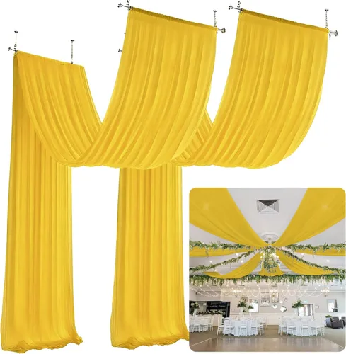 Vista 14 de Cortinas de techo blancas para fiestas, tela drapeada, 5 x 20 pies, 2 paneles de cortinas de boda para techo, cortinas de techo de gasa, cortinas
