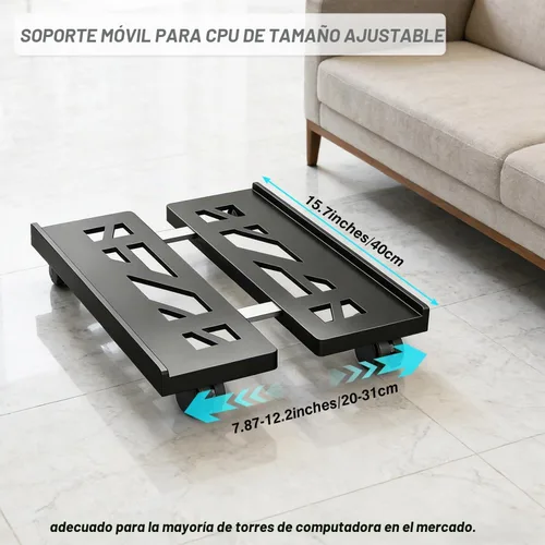 Vista 2 de Soporte de PC, soporte móvil para CPU para piso, soporte enrollable ajustable para CPU, soporte de torre de computadora debajo del escritorio, Negro