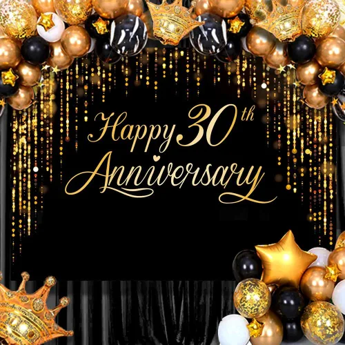 Vista 4 de Pancarta de Feliz 30º Aniversario - Póster de Fotografía Negro Dorado para Decoración de Bodas y Fiestas de Cumpleaños