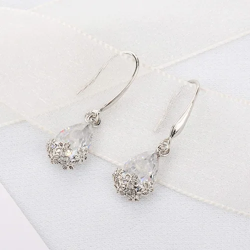 Vista 7 de Pendientes de aro con forma de gota y colgante, diseño vintage de gota de agua floral de metal con incrustaciones de circonita cúbica, joyería