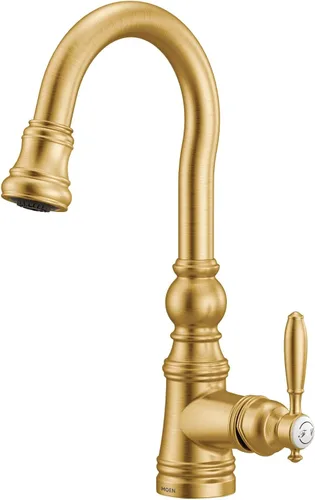 Vista 8 de Moen S53004BG Weymouth Shepherd's Hook Grifo de barra de cocina desplegable con varilla de metal con limpieza eléctrica, oro cepillado