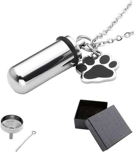 Vista 2 de Urna Cremación Recuerdo Cenizas Urna Cremación Acero Inoxidable Mascota Cachorro Perro Pata Cilindro Contenedor Urna Memorial Colgante Collar Ceniza