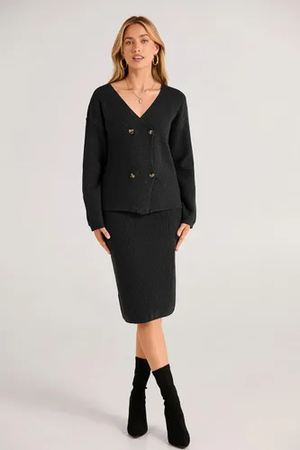 Vista 8 de PRETTYGARDEN Conjunto de 2 piezas de suéter para mujer, con cuello en V, con botones, cárdigan y falda entallada