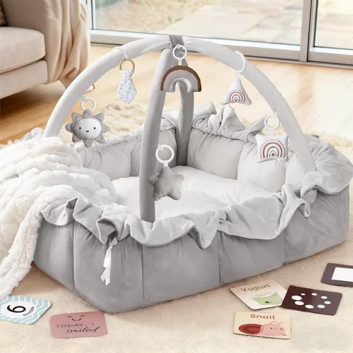 Vista 10 de Mallify Gimnasio de felpa 5 en 1 para bebés, tapete de juego para bebés, gimnasio convertible para bebés con manta y 6 juguetes, tapete