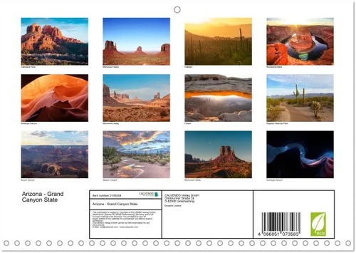 Vista 2 de Arizona - Calendario mensual de pared mensual del estado del Gran Cañón 2023 de 11.7 x 16.5 pulgadas (abierto), calendario mensual de Calvendo 2023