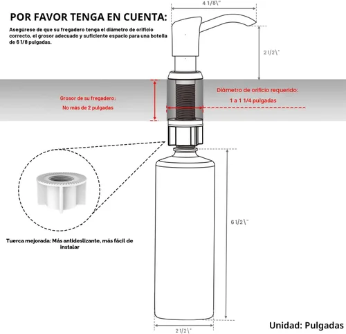 Vista 2 de GAGALIFE Dispensador de jabón integrado o dispensador de loción para fregadero de cocina, cabezal de bomba ABS de níquel cepillado, con botella