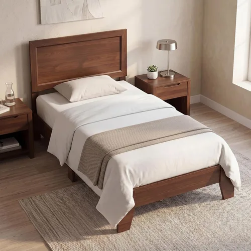 Vista 19 de KOMFOTT Base de cama de madera tamaño twin con cabecero, base de cama de plataforma de madera de acacia sólida, base de cama soportada por listones