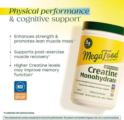 Vista 3 de MegaFood Polvo de monohidrato de creatina micronizado - Polvo sin sabor para después y antes del entrenamiento para hombres y mujeres - Apoyo al